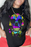 Marinblå mode Street Print Skull Patchwork O-hals T-shirts
