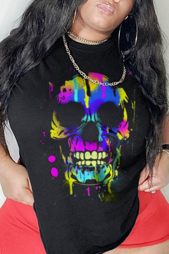 Svart Fashion Street Print Skull Patchwork O-hals T-shirts