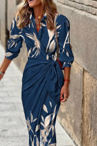 Синие повседневные платья с длинными рукавами и принтом в стиле пэчворк с отложным воротником