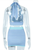 ブルー ファッション セクシー ストライプ プリント包帯バックレス ホルター ノースリーブ ツーピース