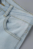Lichtblauwe modieuze casual vlinderprint patchwork hoge taille skinny denim jeans
