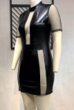 Zwarte sexy effen patchwork half coltrui een stap rok plus size jurken