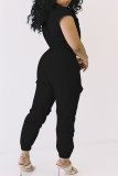 ブラック ファッション カジュアル ソリッド パッチワーク ターンダウン カラー レギュラー ジャンプスーツ