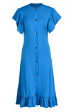 Синие повседневные однотонные платья в стиле пэчворк с круглым вырезом и пряжкой
