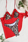 Conjunto de tres piezas sin espalda de vendaje de leopardo con estampado sexy de moda roja (con rellenos)