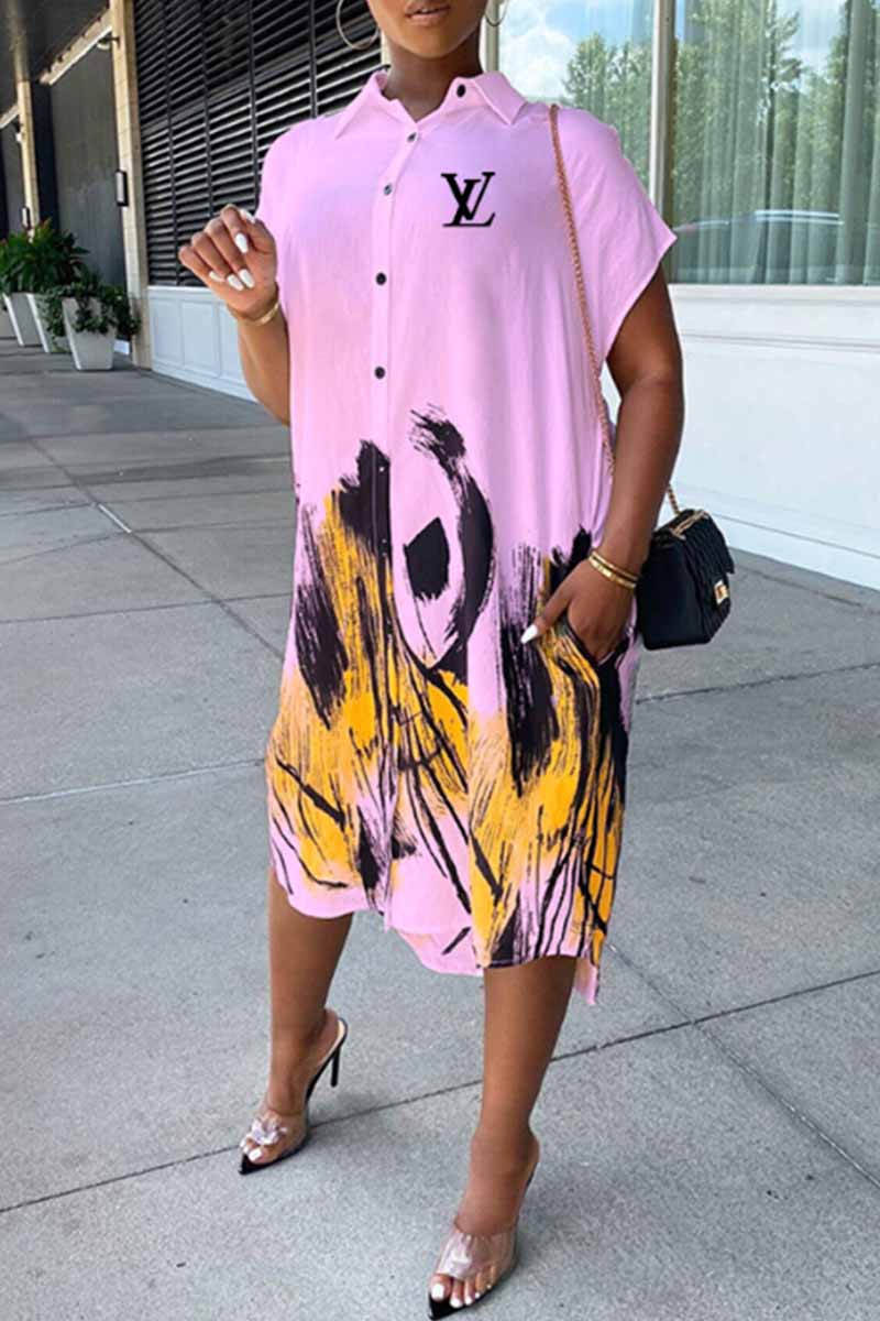 

Pink Fashion Casual Print Letter Turndown Collar Shirt Dress Dresses