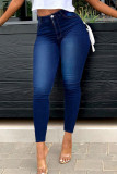 Jeans de mezclilla de cintura alta con diseño de correa de patchwork sólido casual azul claro