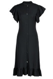 Черные повседневные однотонные платья в стиле пэчворк с круглым вырезом и пряжкой