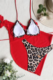 Conjunto de tres piezas sin espalda de vendaje de leopardo con estampado sexy de moda roja (con rellenos)