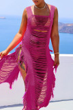 Black Sexy Solid Tassel Bandage Hollowed Out Patchwork Asymmetrical Swimwears Cover Up