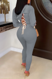 Grey Casual Solid Draw String O Neck Long Sleeve Two Pieces