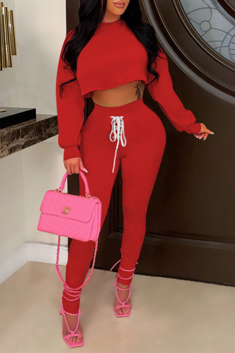 Red Casual Solid Draw String O Neck Long Sleeve Two Pieces