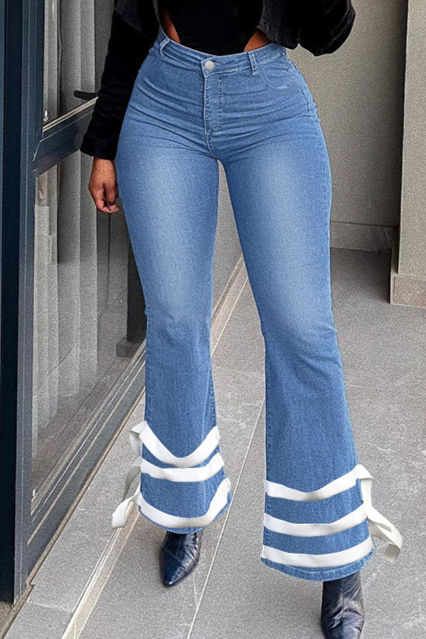 Blauwe casual effen patchwork riem ontwerp hoge taille denim jeans