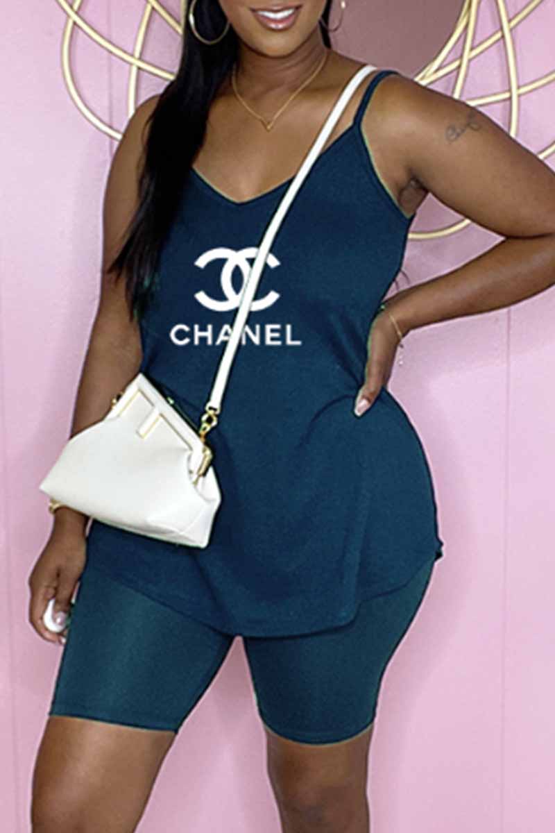 

Blue Fashion Casual Print Letter Spaghetti Strap Sleeveless Two Pieces