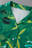 グリーンカジュアルプリントパッチワークバックルターンダウンカラー長袖ツーピース