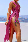 Rose Red Sexy Solid Tassel Bandage Uitgehold Patchwork Asymmetrische Swimwears Cover Up