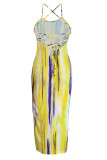 黄色のセクシーなプリントくり抜かれたパッチワークスリットスパゲッティストラップワンステップスカートドレス