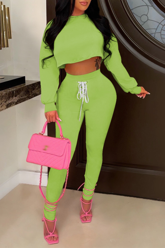Light Green Casual Solid Draw String O Neck Long Sleeve Two Pieces