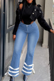Jeans de mezclilla de cintura alta con diseño de correa de patchwork sólido informal azul