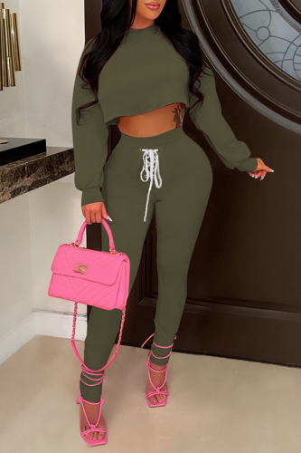 Dark Green Casual Solid Draw String O Neck Long Sleeve Two Pieces