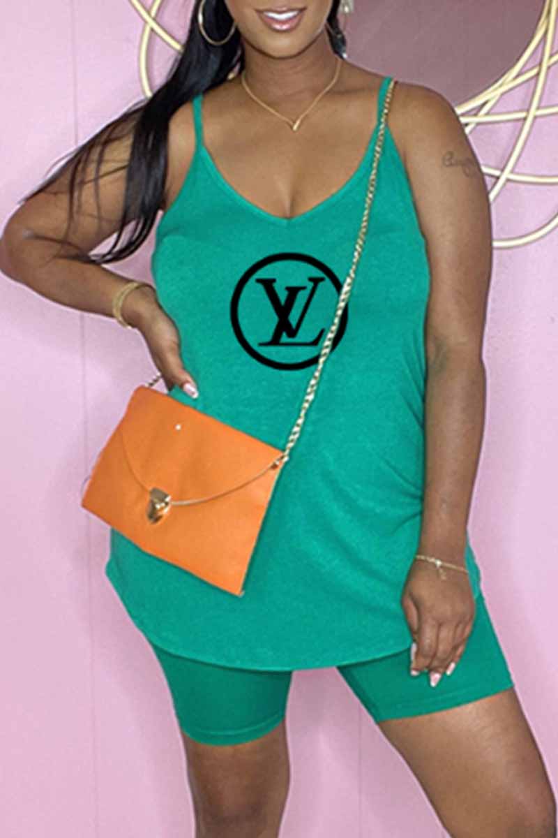 

Light Green Fashion Casual Print Letter Spaghetti Strap Sleeveless Two Pieces