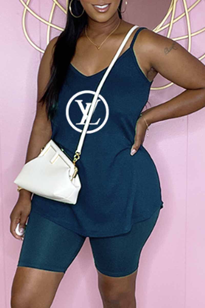 

Blue Fashion Casual Print Letter Spaghetti Strap Sleeveless Two Pieces