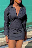 ブラック ファッション カジュアル ソリッド パッチワーク V ネック シャツ ドレス