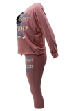 Pink Fashion Print Patchwork One Shoulder Long Sleeve Two Pieces