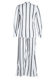 White Casual Striped Print Patchwork Turndown Collar Long Sleeve Two Pieces