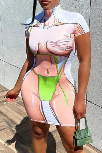 Fluorescent Green Sexy Print Patchwork Turtleneck Pencil Skirt Dresses