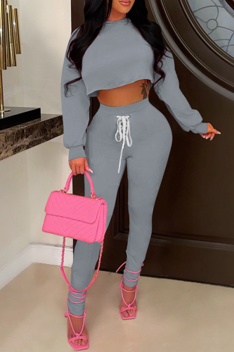 Grey Casual Solid Draw String O Neck Long Sleeve Two Pieces