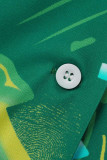 verde casual estampado patchwork hebilla cuello vuelto manga larga dos piezas