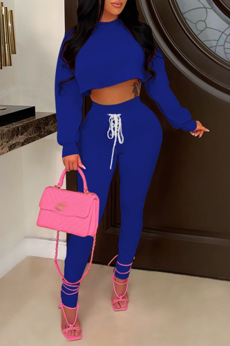 Blue Casual Solid Draw String O Neck Long Sleeve Two Pieces