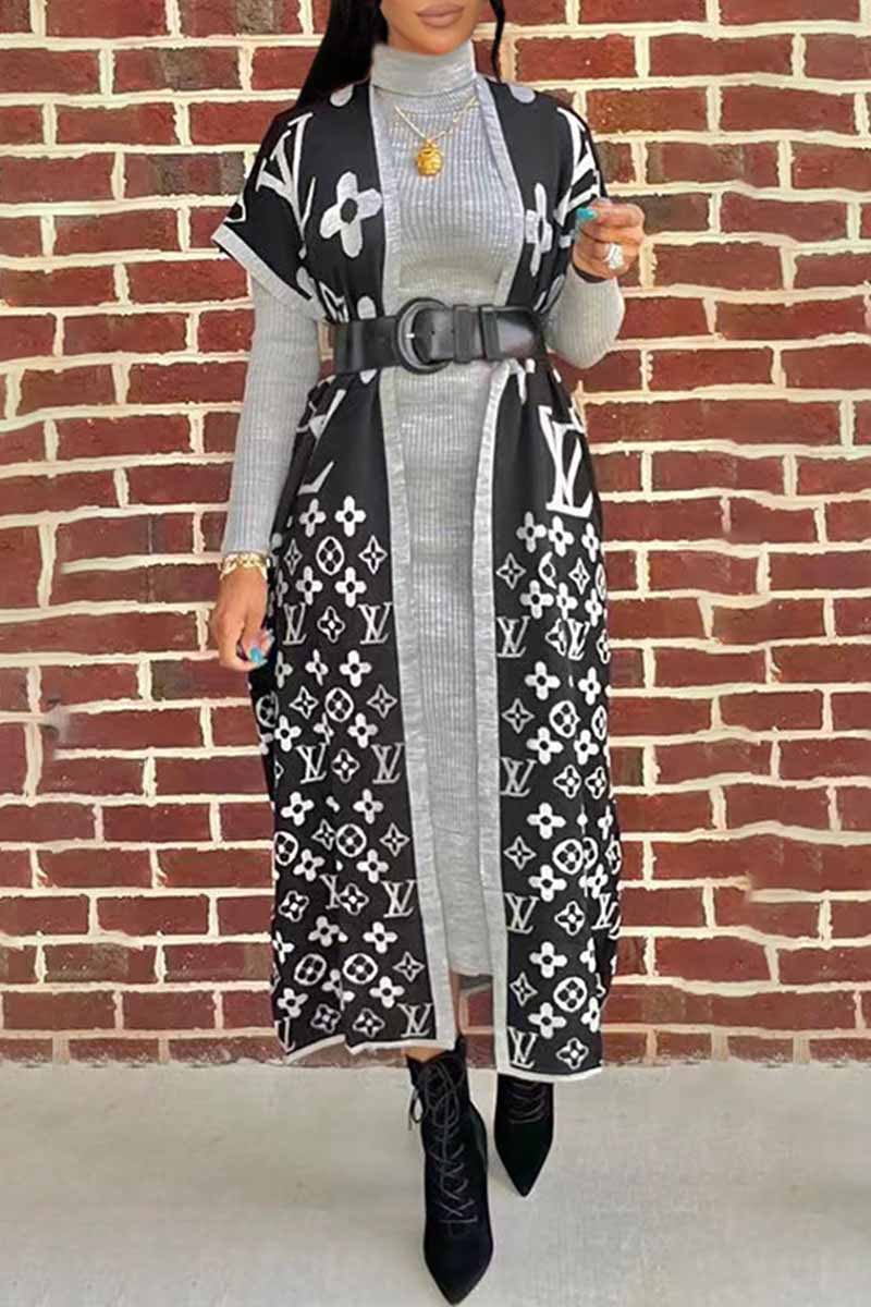 

Grey Elegant Fashion Print Letter Without Belt Cardigan Collar Outerwear