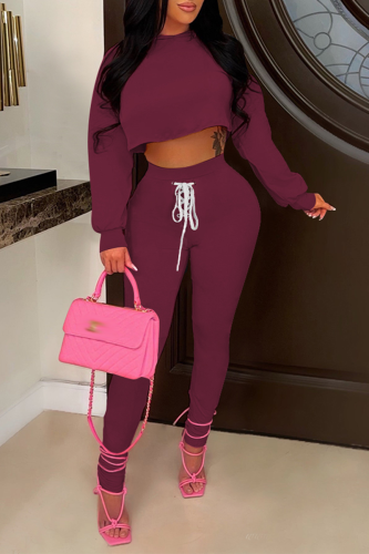Burgundy Casual Solid Draw String O Neck Long Sleeve Two Pieces