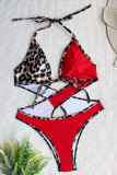 Red Fashion Sexy Print Leopard Bandage Patchwork Backless Swimwears (With Paddings)