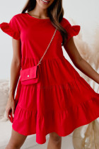 Rote, lässige, solide Patchwork-Falten, fadenförmige Selvedge-O-Ausschnitt-Kleider in A-Linie