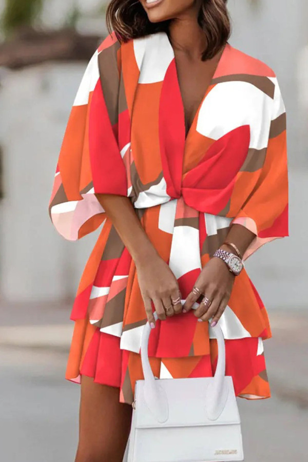 Vestidos de vestido estampado branco laranja casual estampa patchwork decote em v