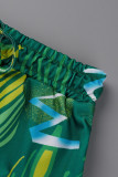 Colar verde claro estampado casual patchwork fivela virada para baixo manga longa duas peças