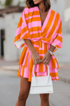 Vestidos de vestido estampado rosa laranja casual estampa patchwork decote em v
