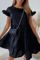 Zwarte casual effen patchwork vouw stringy zelfkant O-hals A-lijn jurken