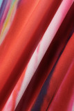 赤いセクシーなプリントくり抜かれたパッチワークスリットスパゲッティストラップワンステップスカートドレス