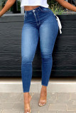 Jeans de mezclilla de cintura alta con diseño de correa de patchwork sólido casual azul claro