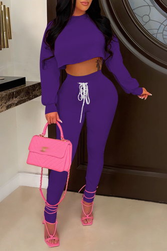 Purple Casual Solid Draw String O Neck Long Sleeve Two Pieces