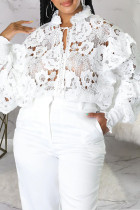 Witte mode casual effen uitgeholde patchwork O-hals bovenkleding