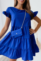 Синие повседневные однотонные платья в стиле пэчворк с обтягивающими кромками и круглым вырезом