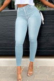 Jeans in denim a vita alta con cinturino patchwork solido casual azzurro