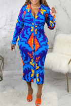 Robes de jupe crayon à col en V et patchwork imprimé mode bleu
