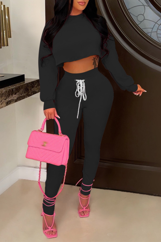 Black Casual Solid Draw String O Neck Long Sleeve Two Pieces