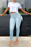 Hellblaue, lässige, solide Patchwork-Träger-Design-Denim-Jeans mit hoher Taille